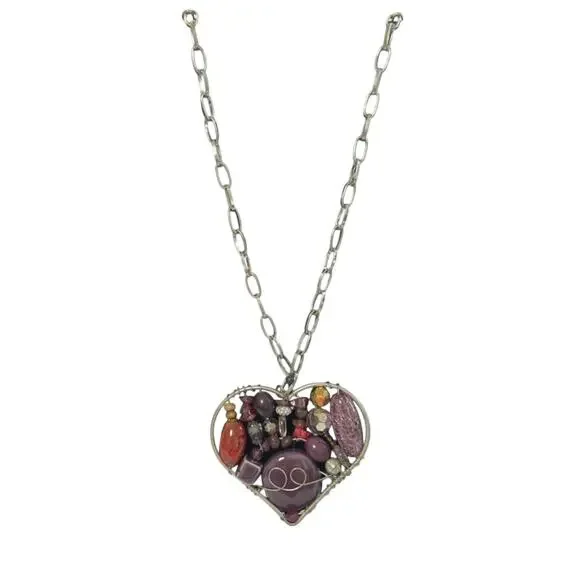 VTG Necklace Mosaic Beads & Stones In Large Heart-Shaped Pendant - Picture 1 of 6